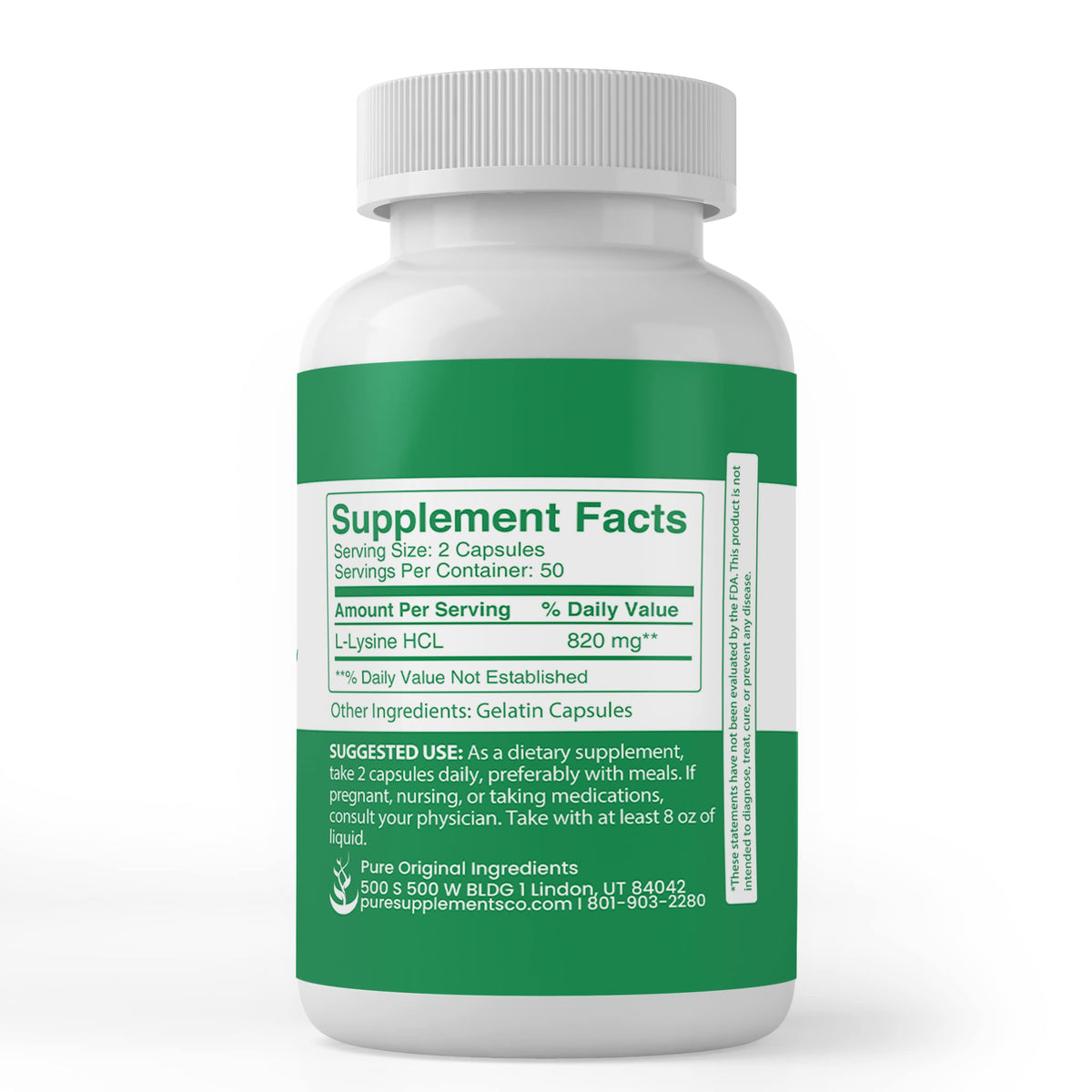 PURE ORIGINAL INGREDIENTS L-Lysine HCL capsules close-up of ingredients