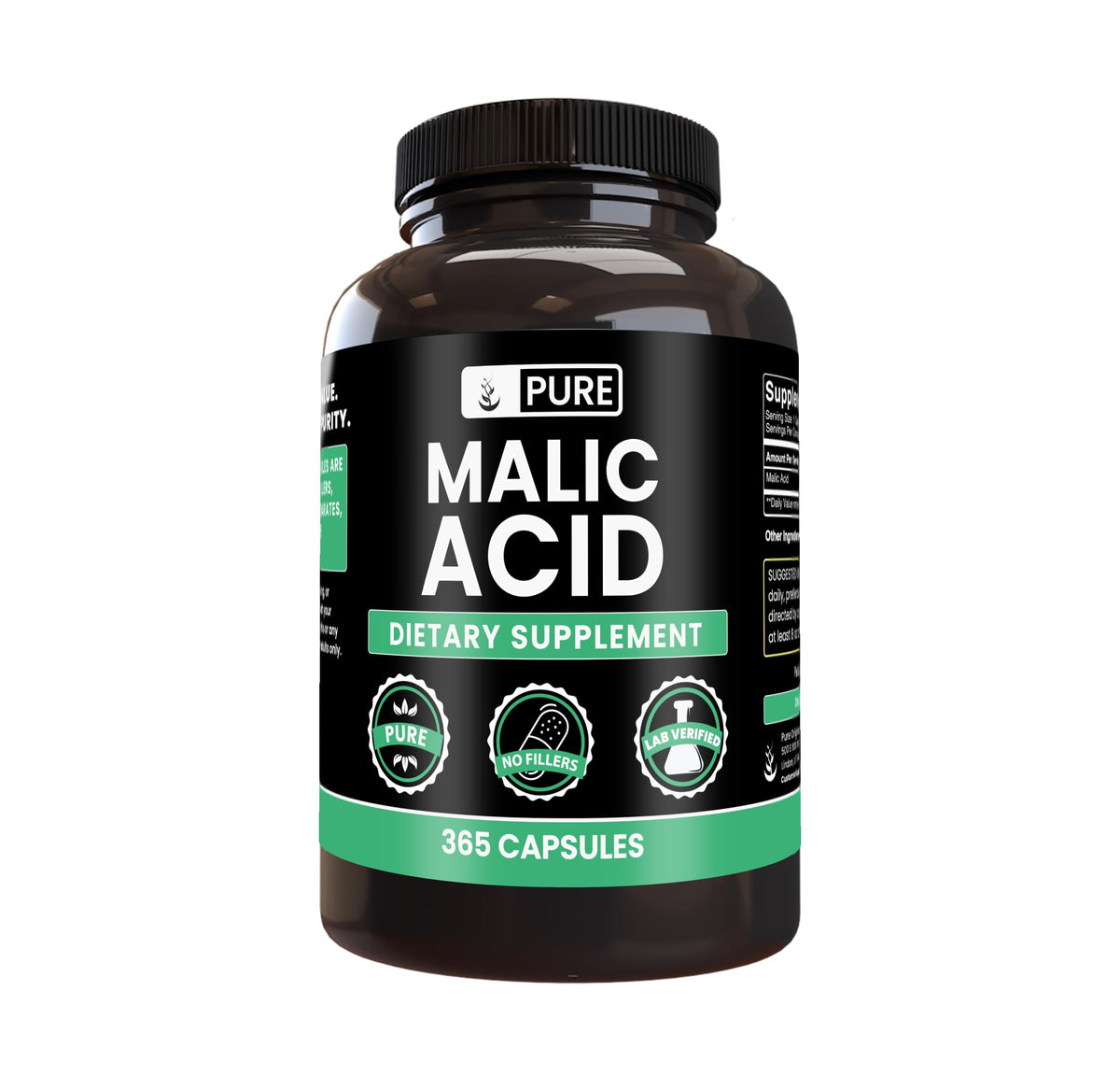 PURE ORIGINAL INGREDIENTS Poudre d'Acide Malique 365 Capsules vue de face