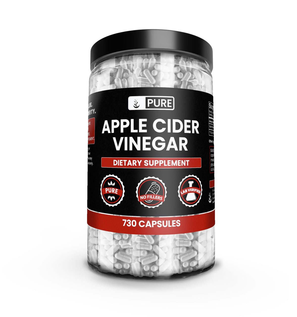 PURE ORIGINAL INGREDIENTS Poudre de Vinaigre de Pomme 730 Capsules vue de face