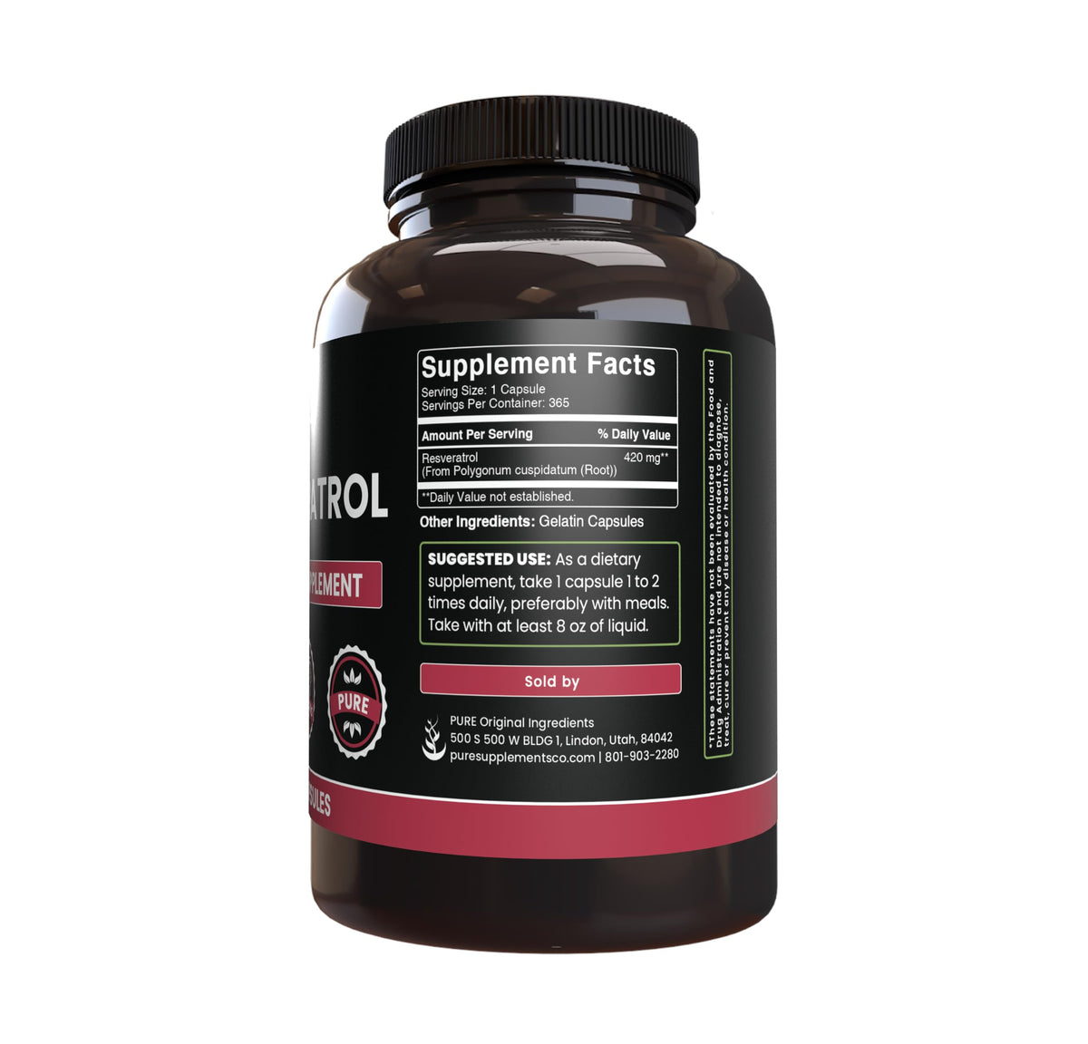 PURE ORIGINAL INGREDIENTS Résvératrol 365 capsules sur fond blanc