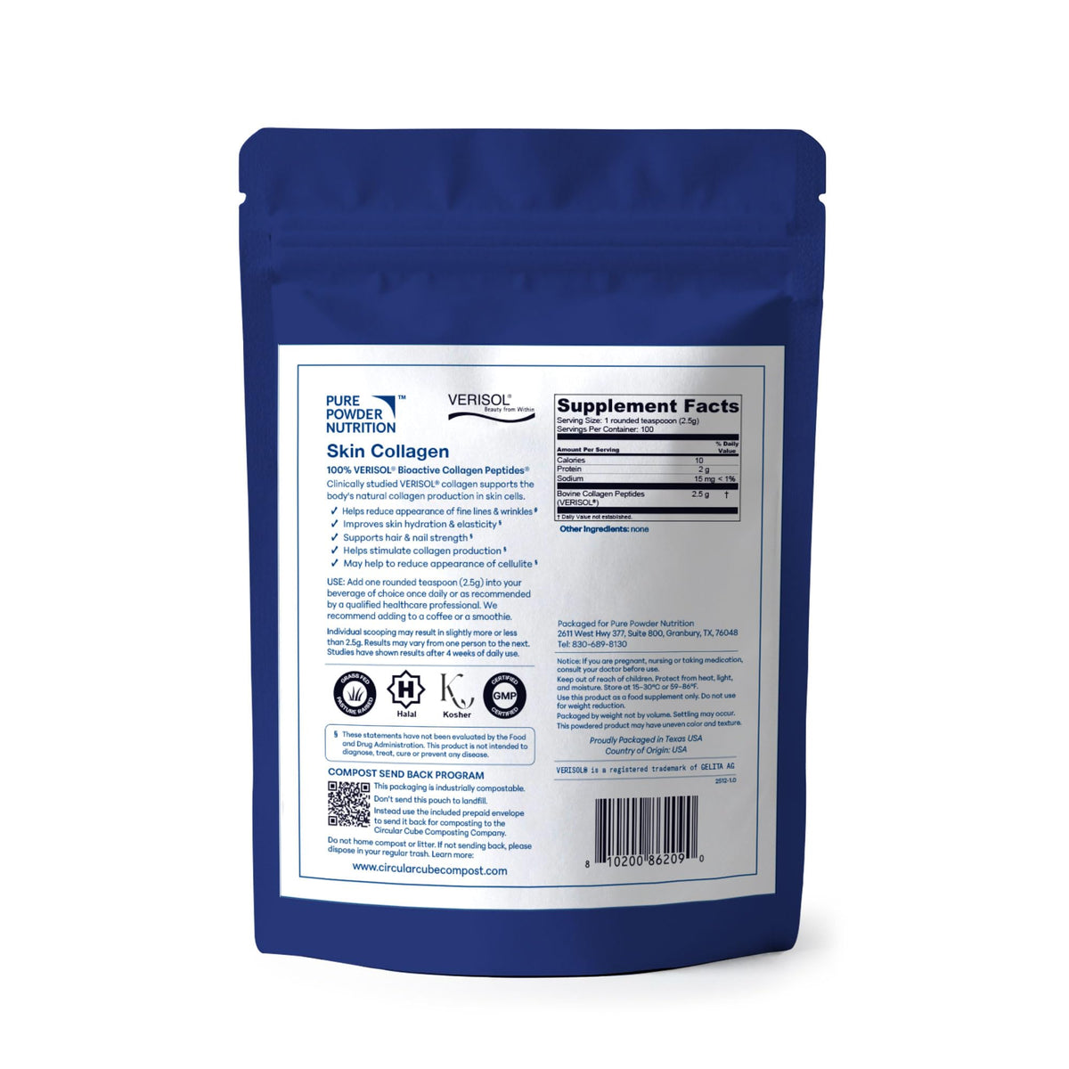 Pure Powder Nutrition collagène en poudre 408g avec cuillère incluse