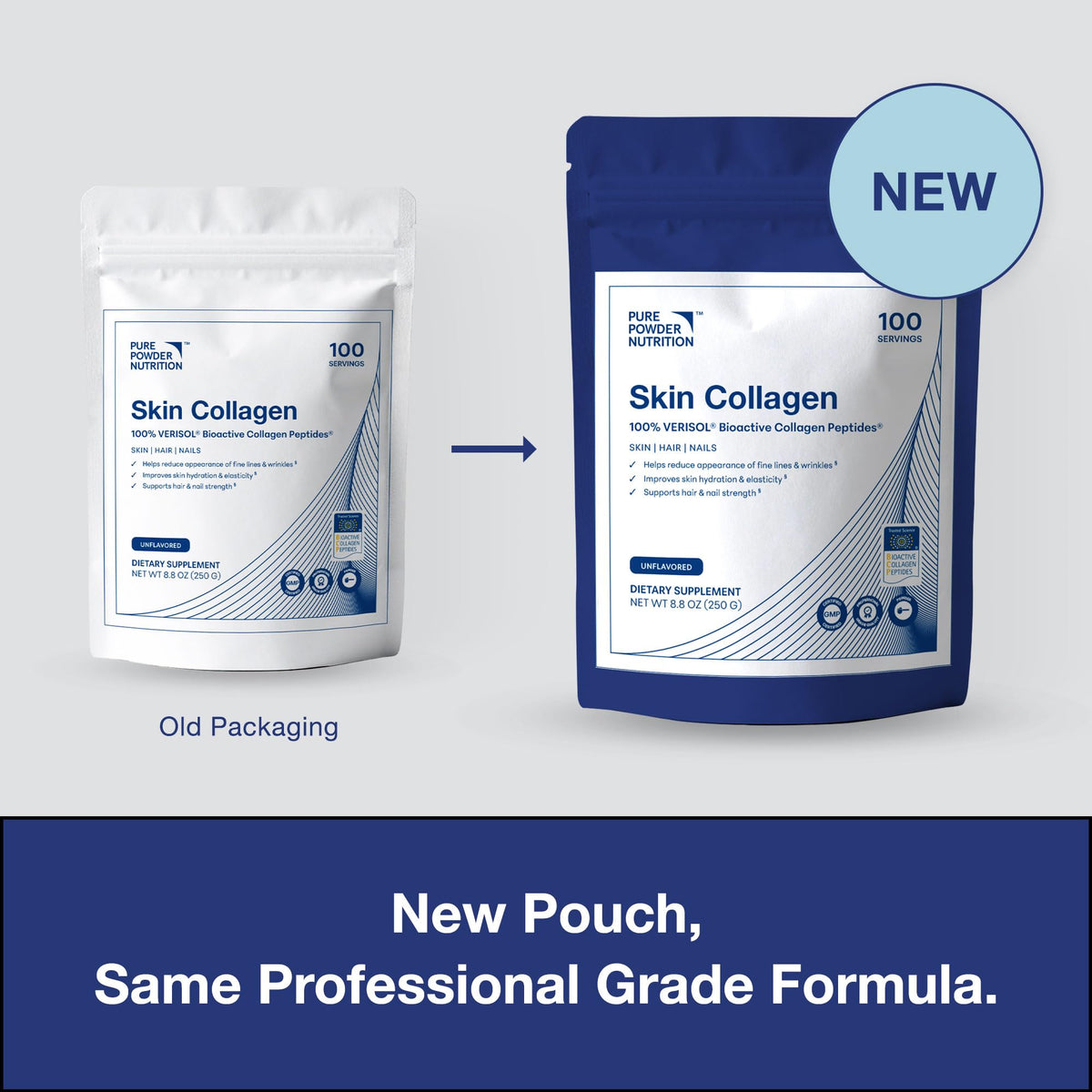 Pure Powder Nutrition collagène en poudre 408g sur un fond neutre