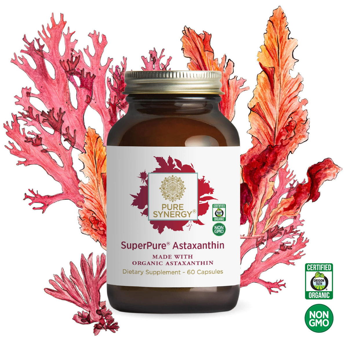 PURE SYNERGY Astaxanthin Bio avec des ingrédients naturels en arrière-plan