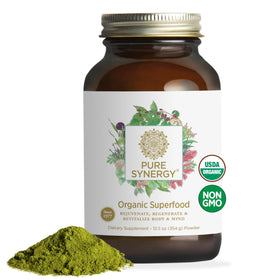 PURE SYNERGY Poudre Superfood Bio 12,5 oz vue avant avec étiquette