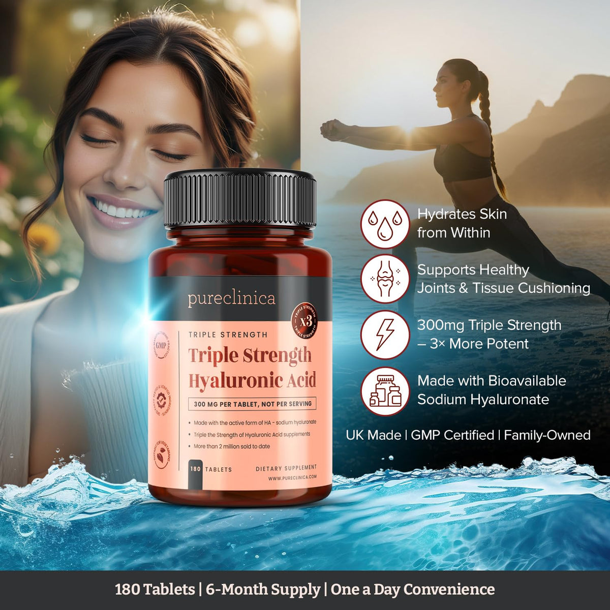 pureclinica Acide Hyaluronique 300mg comprimés sur fond blanc