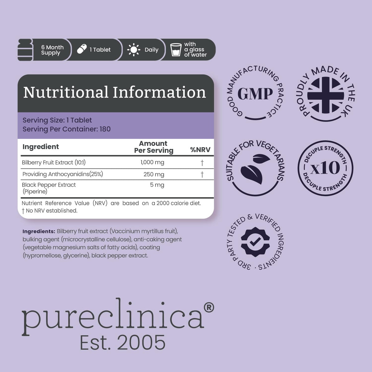 pureclinica Extrait de Myrtille 1000mg - ingrédients en détail