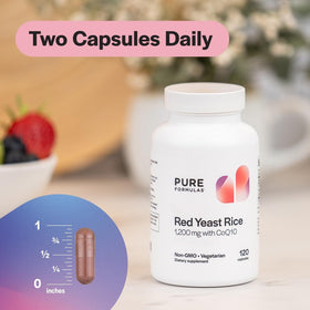 PureFormulas Riz Rouge 1200mg CoQ10 100mg capsules on a wooden table