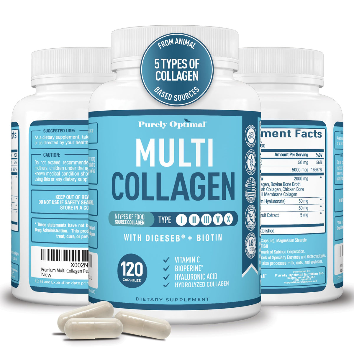 Purely Optimal Collagène Multi Type I, II, III, V, X 120 Capsules avant