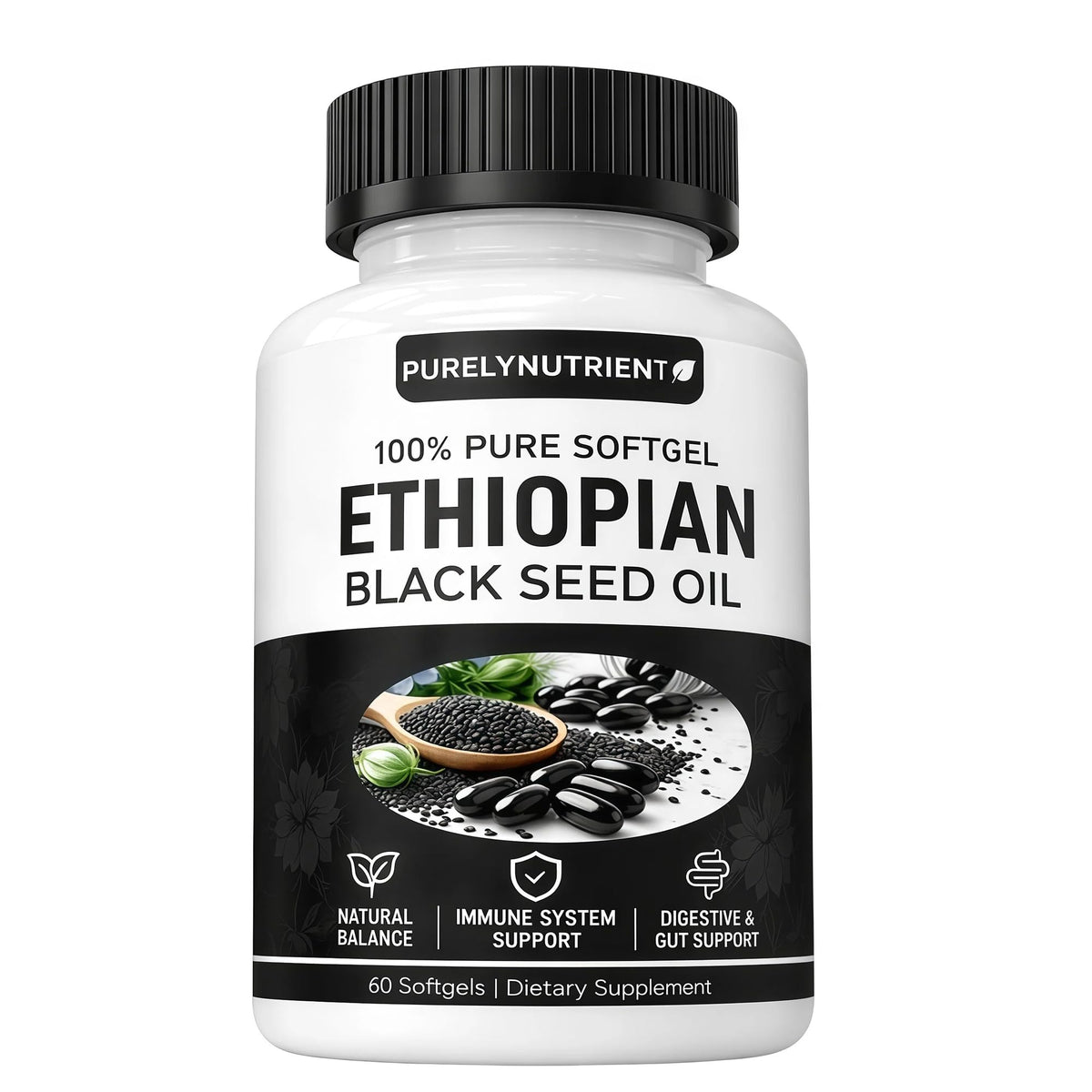 PURELYNUTRIENT capsules d'huile de graines noires éthiopiennes vue de face