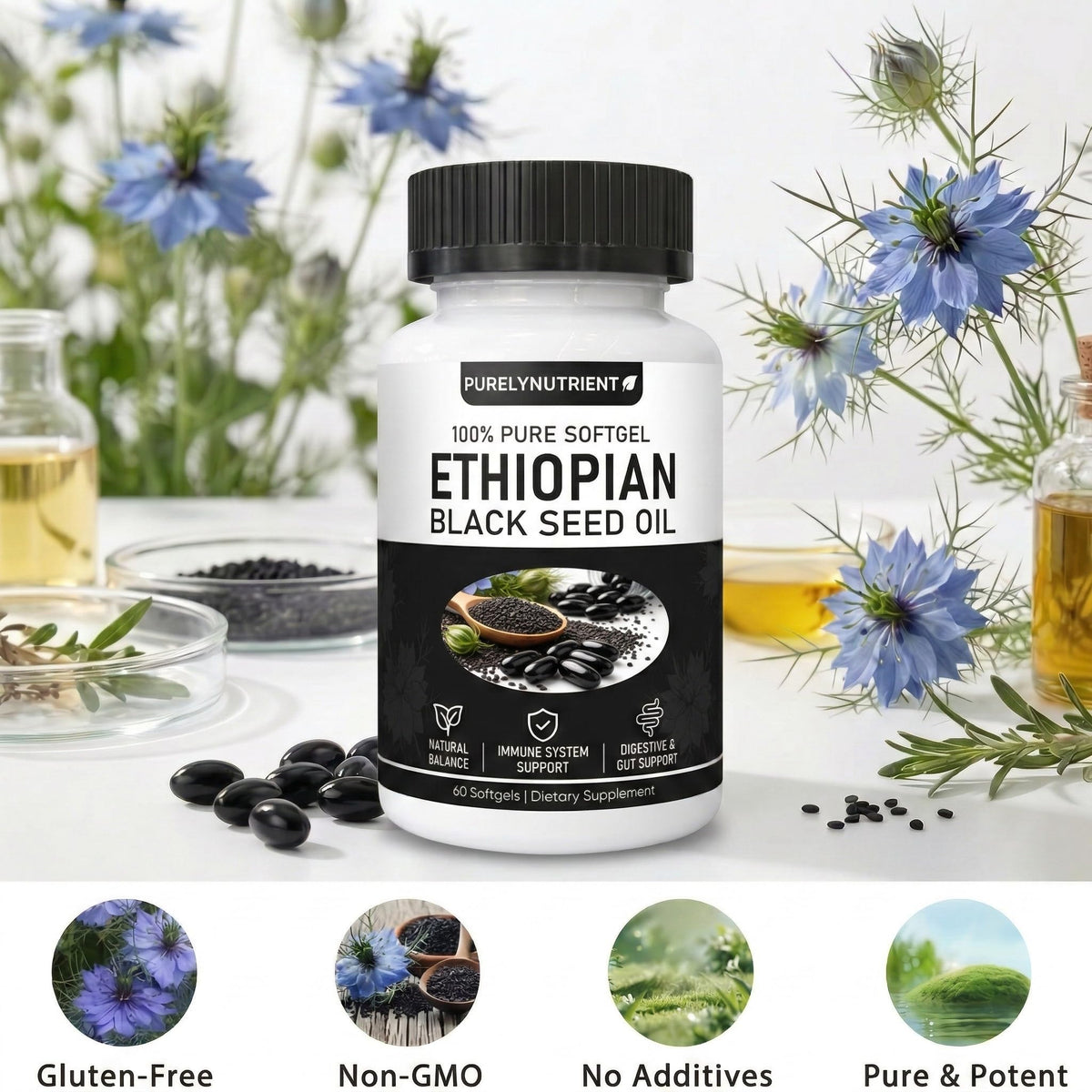 PURELYNUTRIENT Huile de Graine Noire Éthiopienne ouverte avec capsules