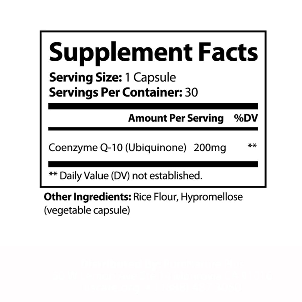 PureNature CoQ10 200mg flacon latéral montrant dimensions