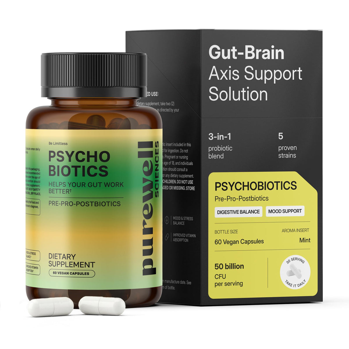 PUREWELL SCIENCES Psychobiotics 3-en-1 60 capsules végétales vue de face