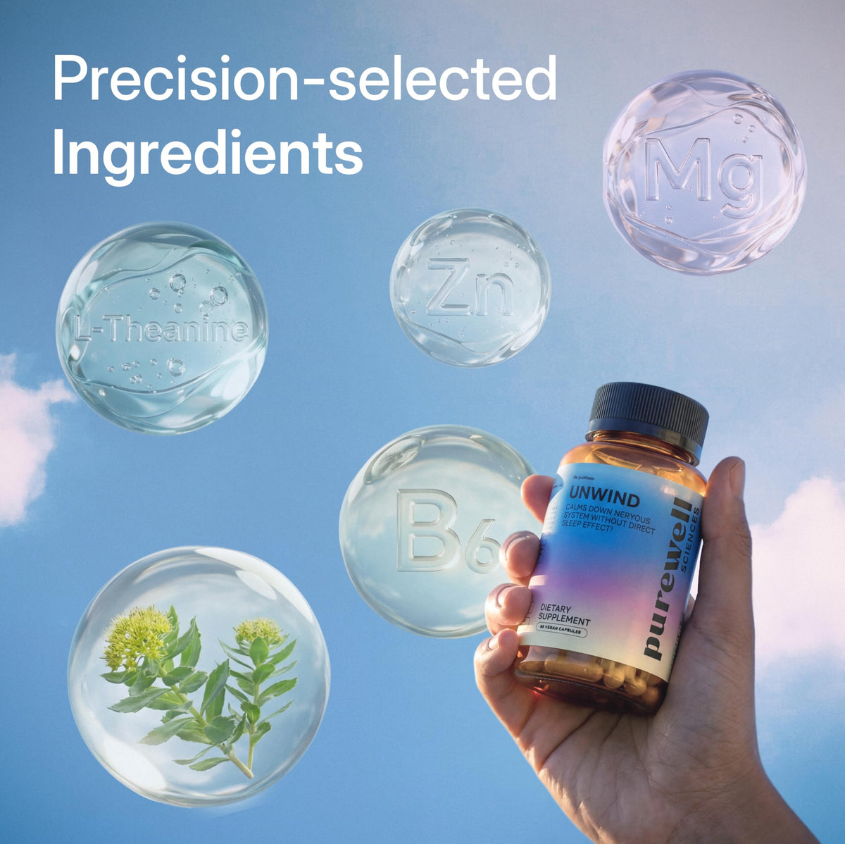 Purewell Sciences Unwind, produit sur une surface en bois
