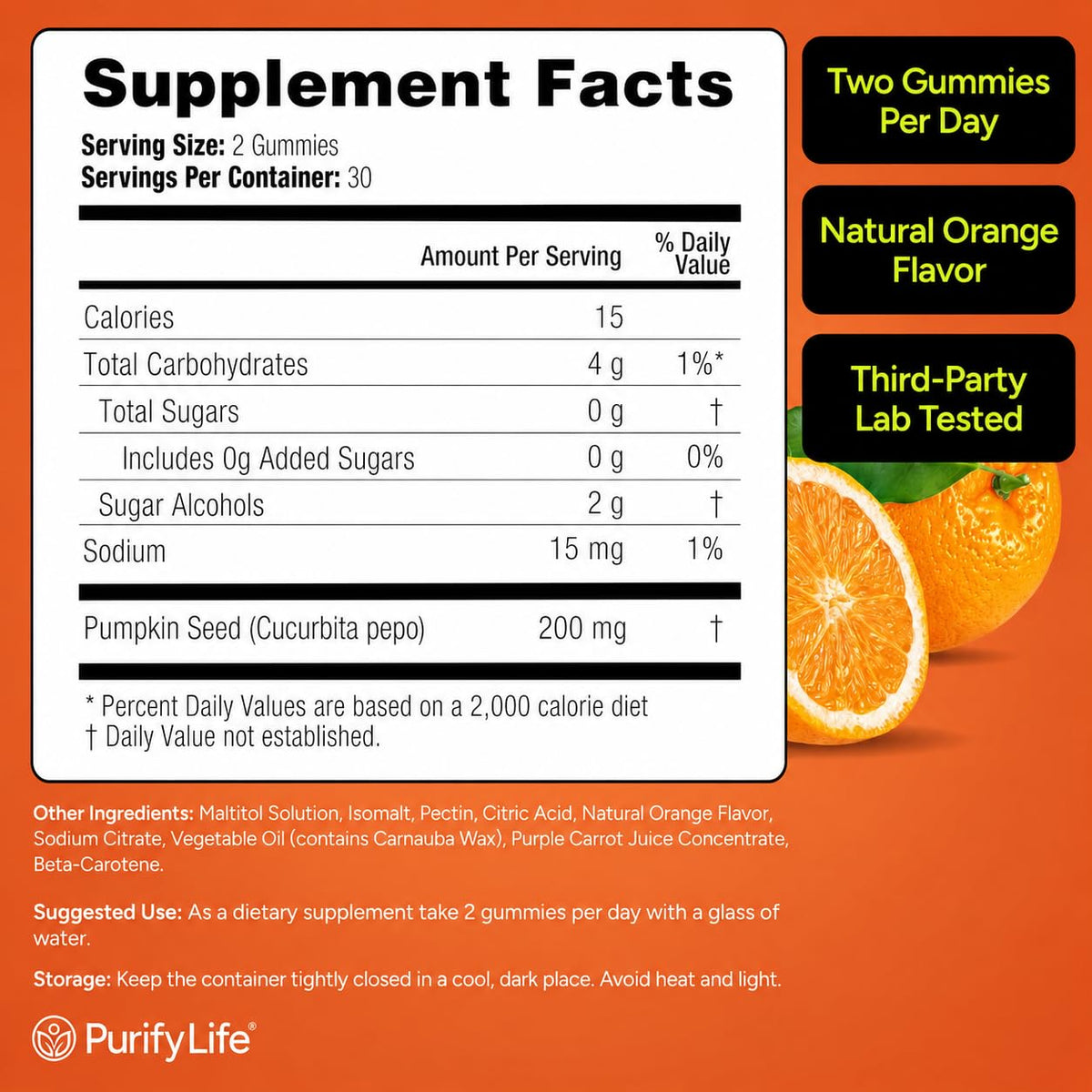 Purify Life Gummies Huile de Graines de Citrouille 191g vue de côté