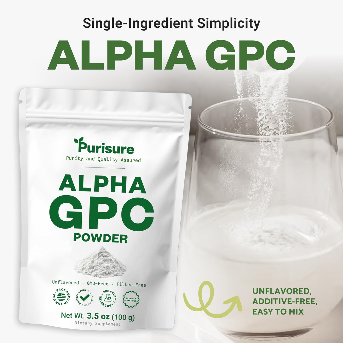 Purisure Alpha GPC Poudre 100g, présentation sur une surface en bois