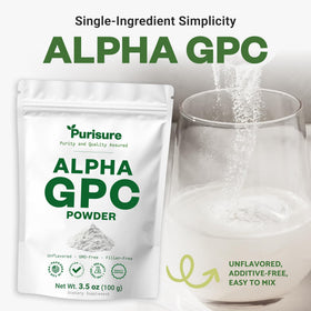 Purisure Alpha GPC Poudre 100g, présentation sur une surface en bois