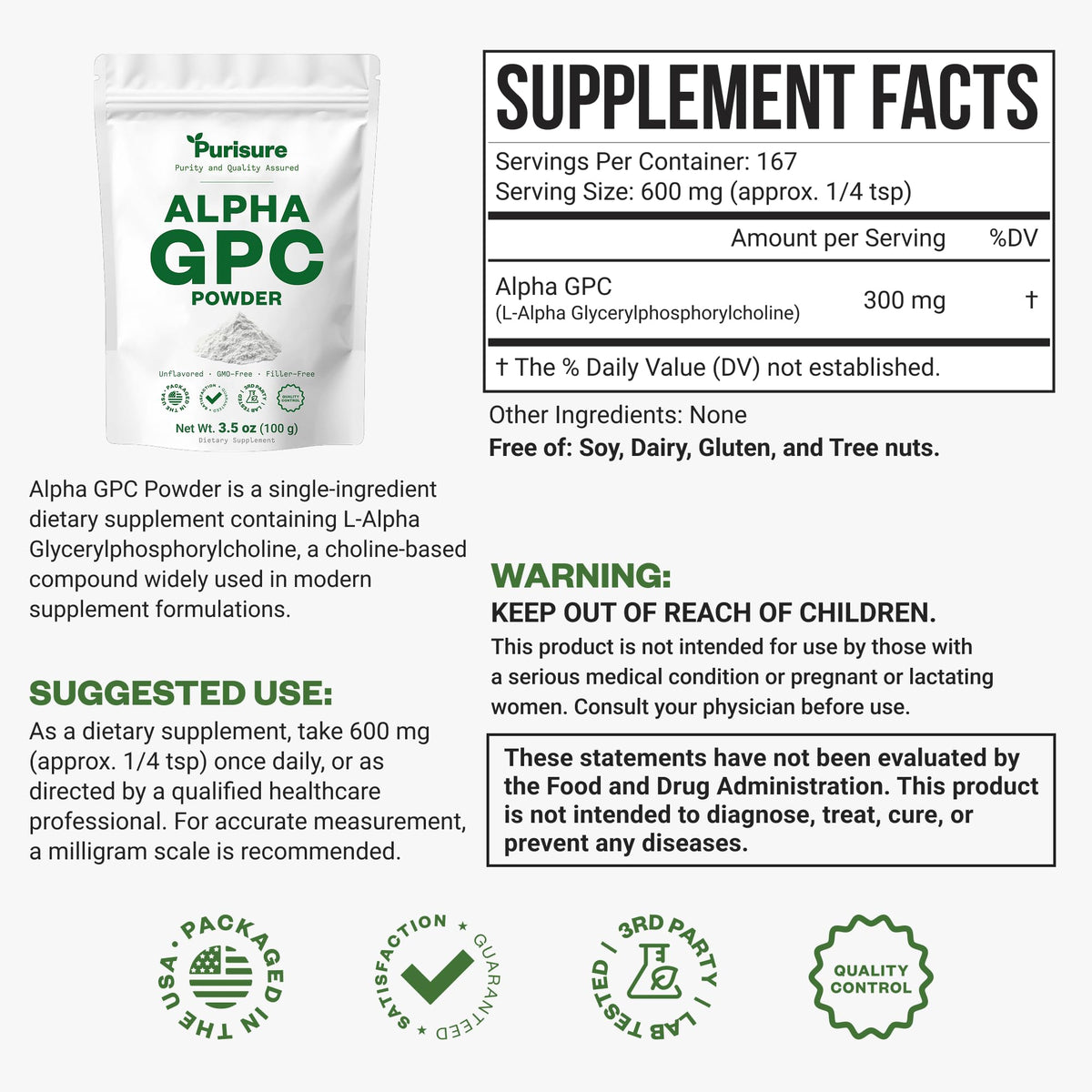 Purisure Alpha GPC Poudre 100g, vue arrière avec informations nutritionnelles