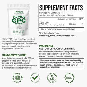 Purisure Alpha GPC Poudre 100g, vue arrière avec informations nutritionnelles