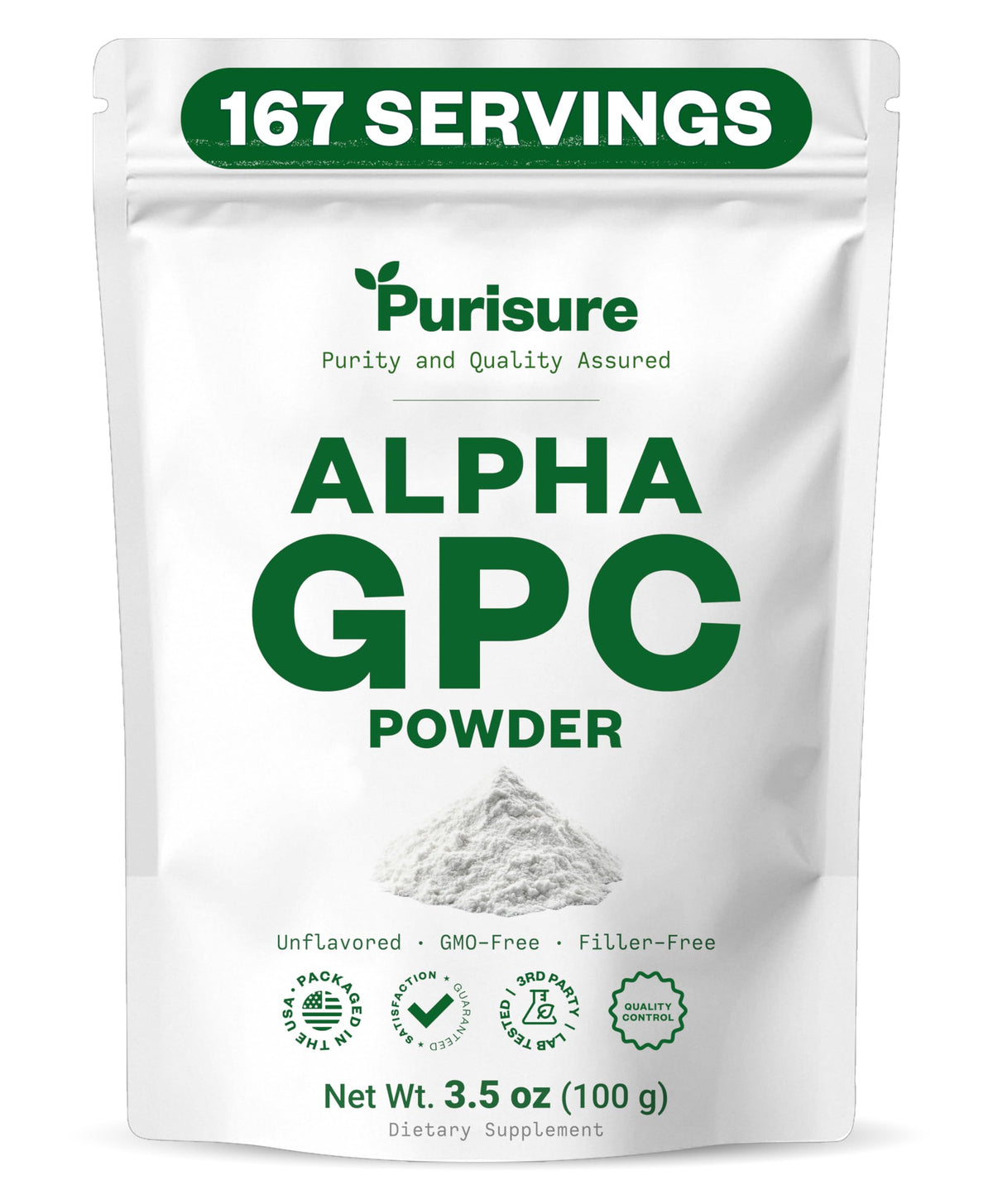 Purisure Alpha GPC Poudre 100g, vue avant avec emballage