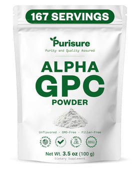Purisure Alpha GPC Poudre 100g, vue avant avec emballage