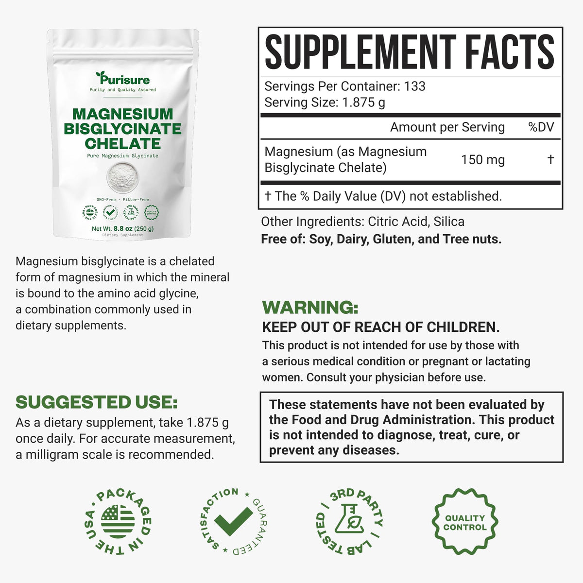 Purisure Magnésium Bisglycinate Chélate 250g étiquette