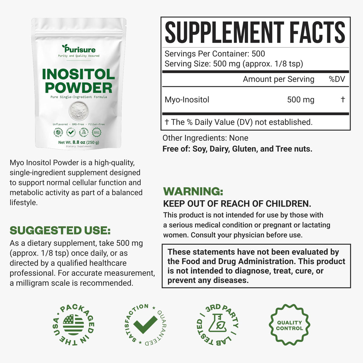Purisure Poudre d'Inositol 250g emballage
