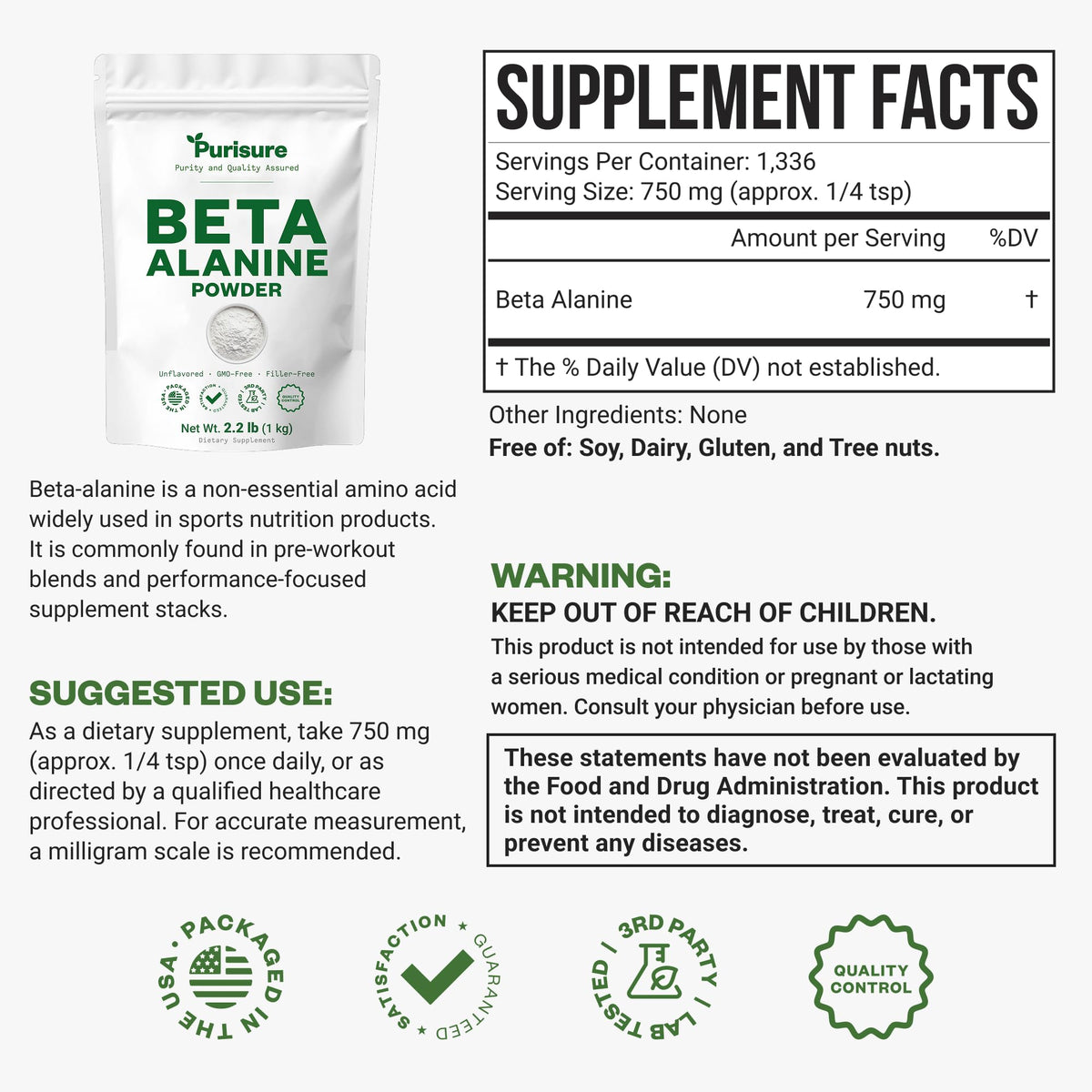 Purisure Poudre de Beta Alanine 1kg - vue arrière