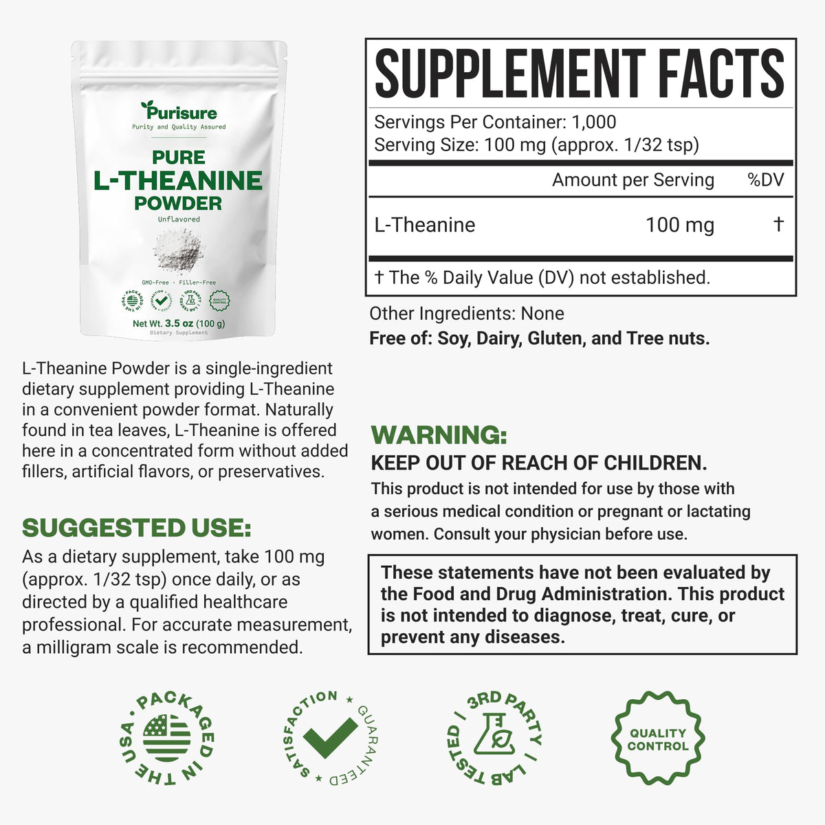 Purisure Poudre de L-Théanine 100 g emballage