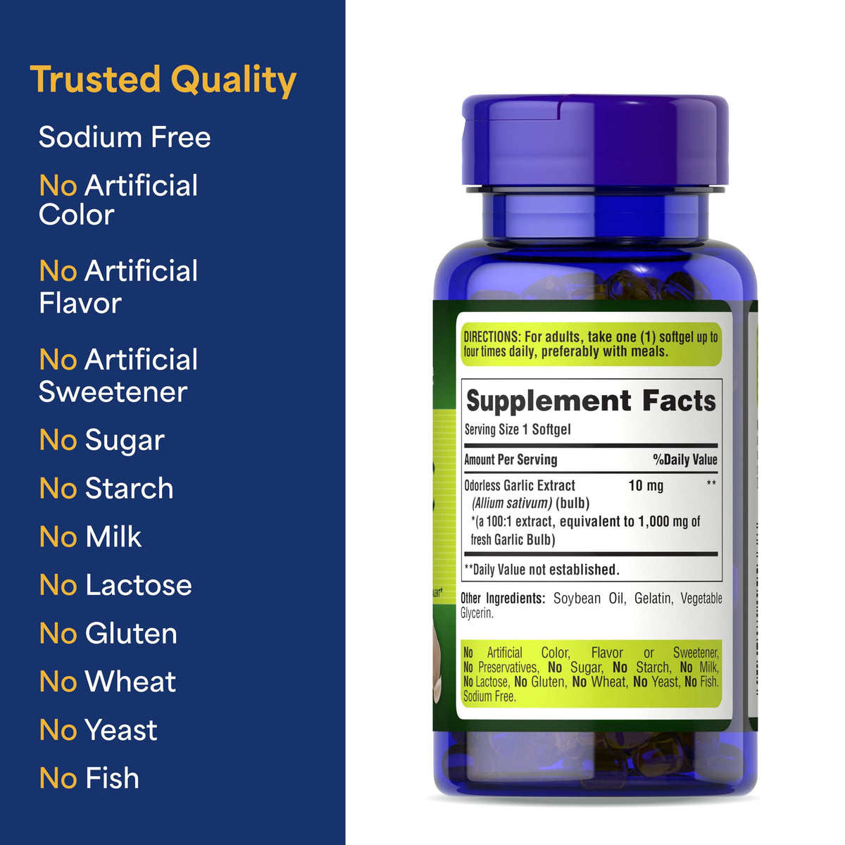 Puritan's Pride Ail Odorless 10mg gélules en gros plan