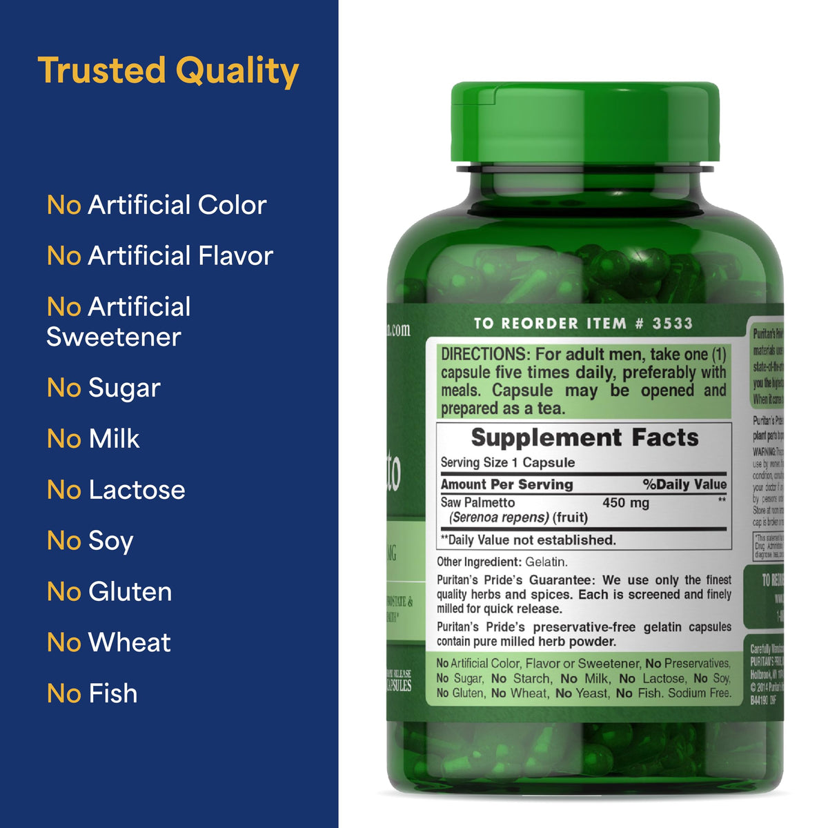 Puritan's Pride Extrait de Saw Palmetto 450mg capsules ouvertes