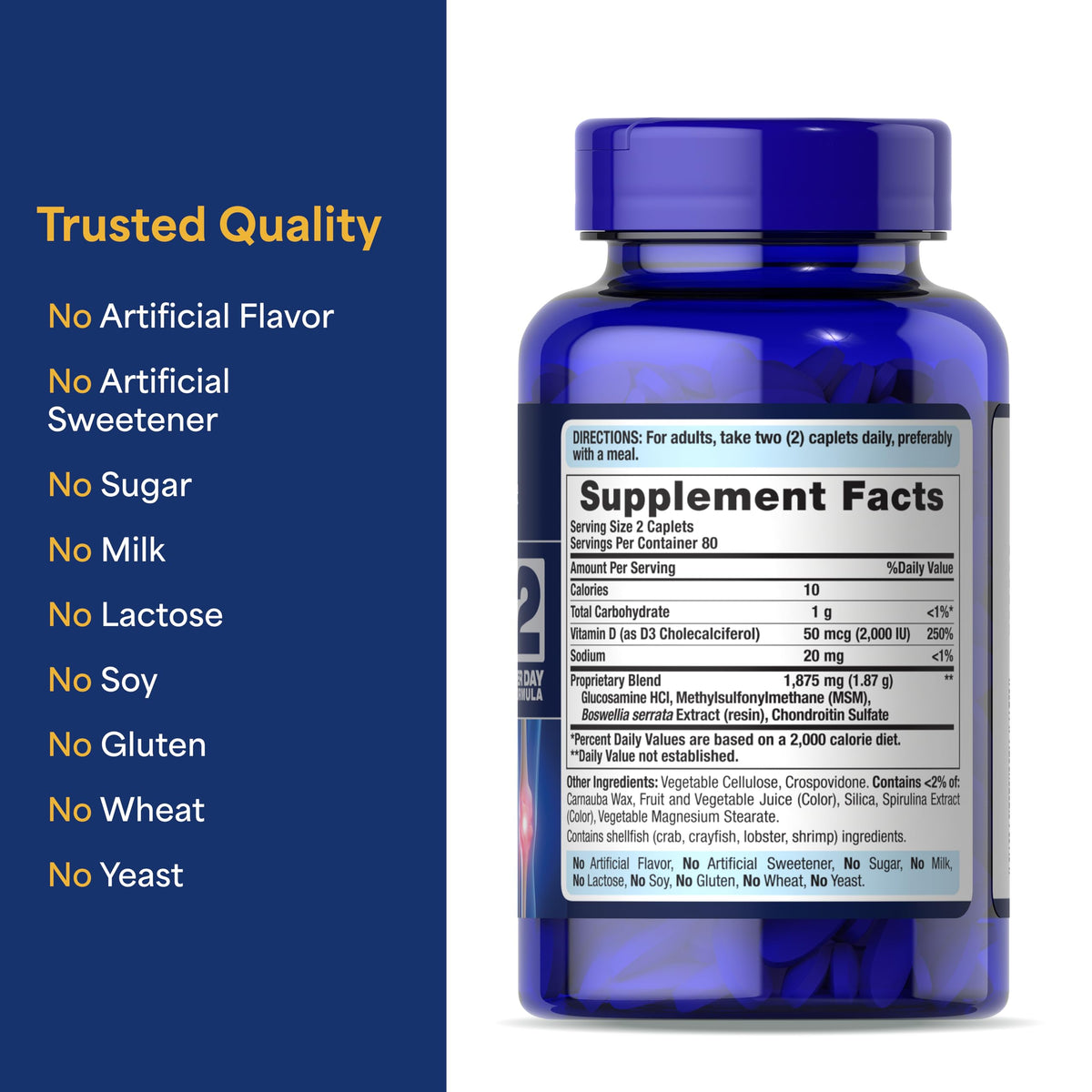 Puritan's Pride Glucosamine Chondroïtine MSM caplets in a hand