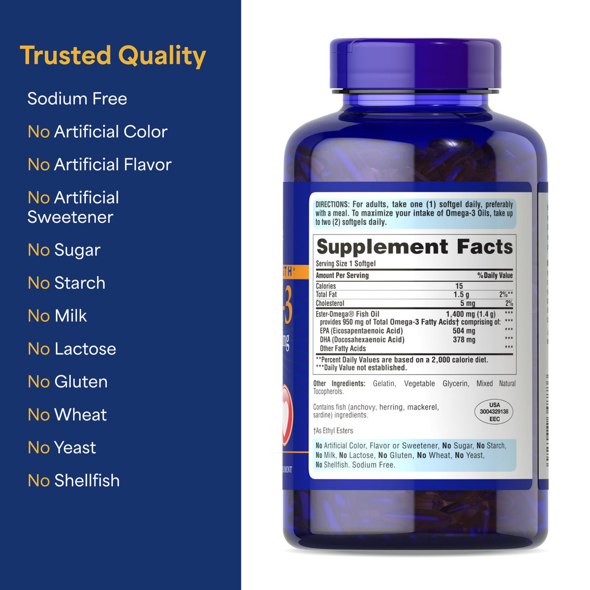 Puritan's Pride Huile de Poisson Omega-3 1400mg gélules sur un fond blanc