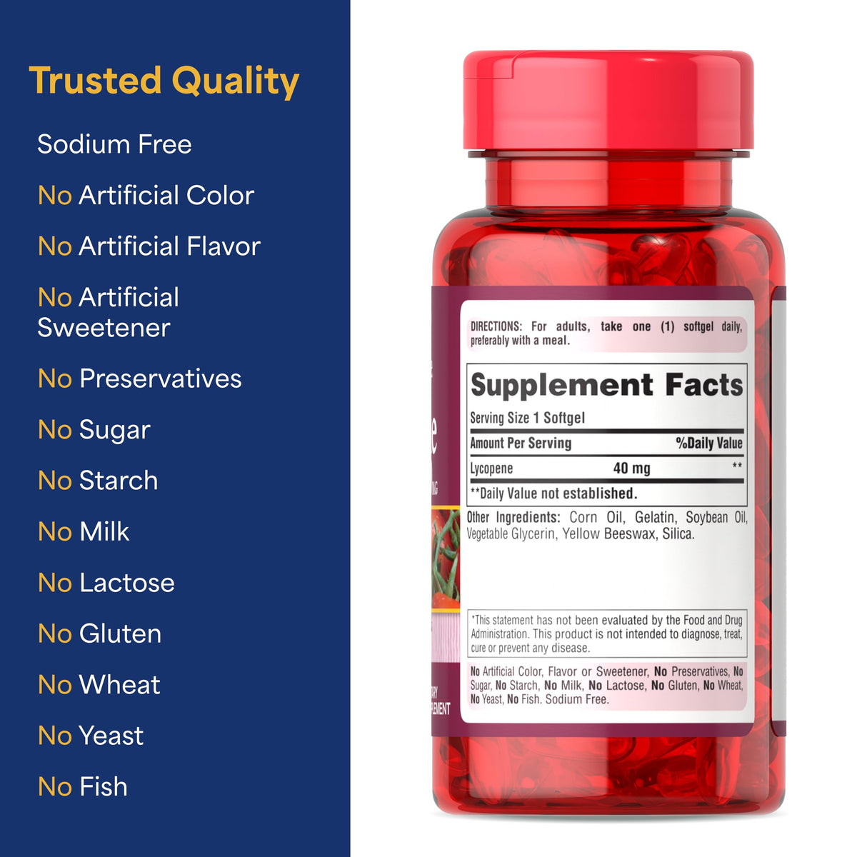 Puritan's Pride Lycopène 40mg, étiquette avec détails du produit