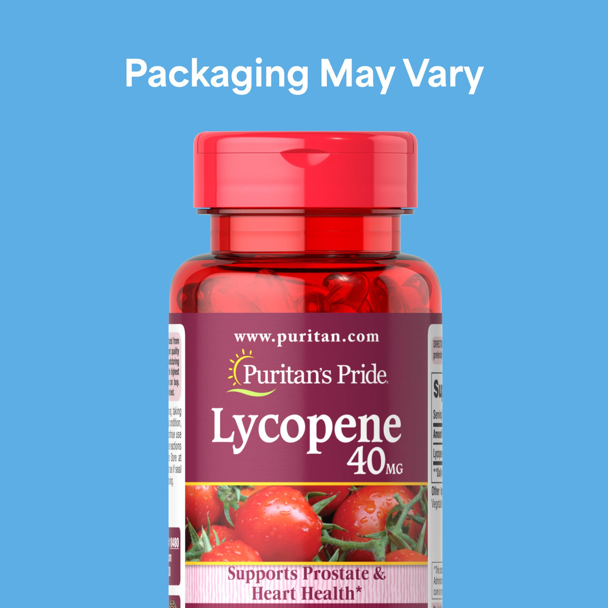 Puritan's Pride Lycopène 40mg gélules, vue latérale montrant la taille des gélules
