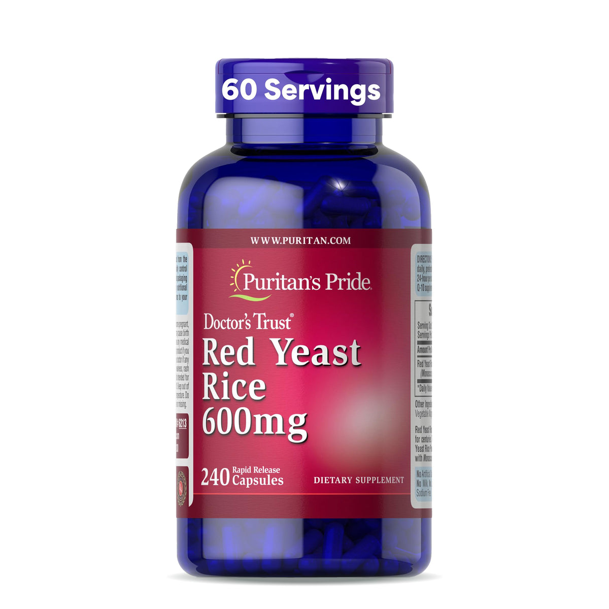Puritan's Pride Red Yeast Rice 600mg 240 capsules front view