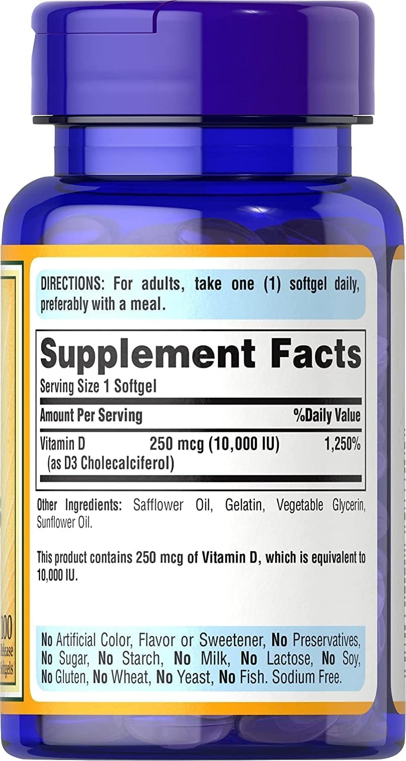Puritan's Pride Vitamine D3 100 comprimés côté, présentation du flacon