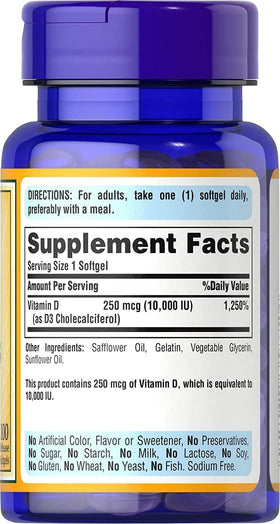 Puritan's Pride Vitamine D3 100 comprimés côté, présentation du flacon