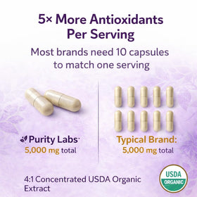 Purity Labs Complément Alimentaire Trans-Resvératrol 5000 mg capsules sur une table