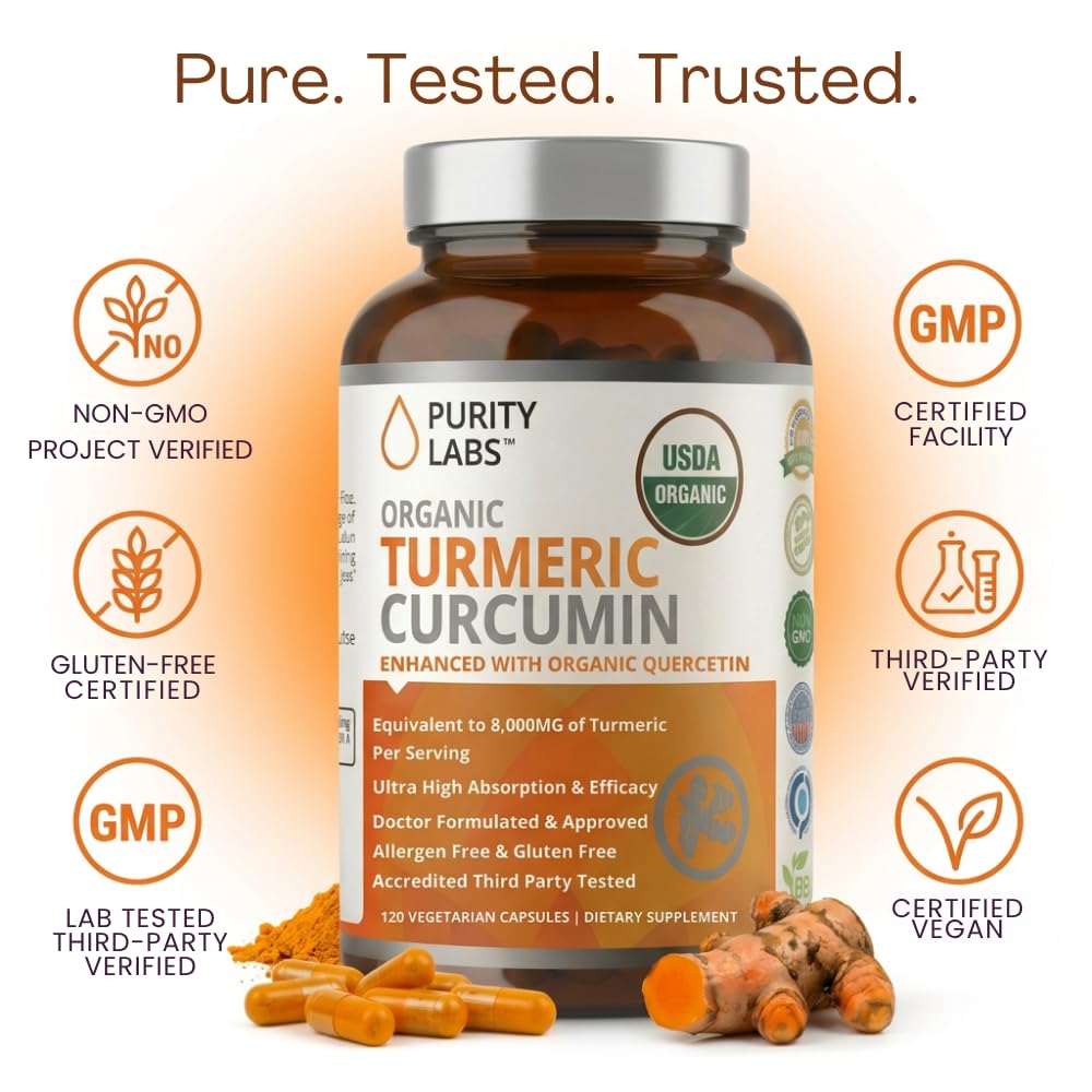 Purity Labs Curcuma Curcumine capsules végétales sur une table