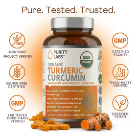 Purity Labs Curcuma Curcumine capsules végétales sur une table