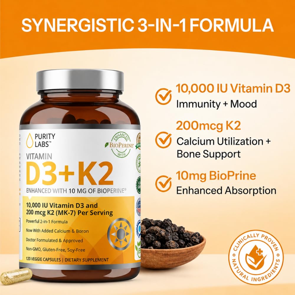 Purity Labs D3 K2 10000 UI 120 capsules en main