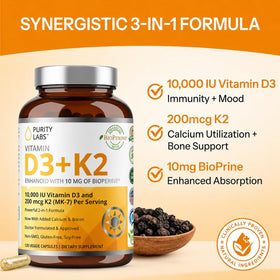 Purity Labs D3 K2 10000 UI 120 capsules en main