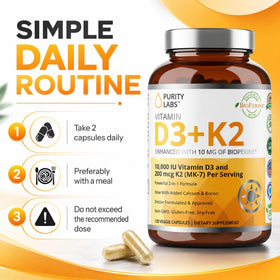 Purity Labs D3 K2 10000 UI 120 capsules sur un fond blanc