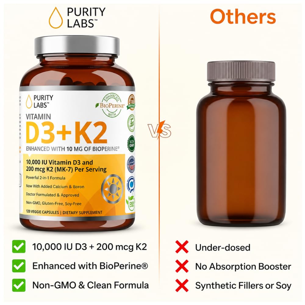Purity Labs D3 K2 10000 UI 120 capsules sur une table