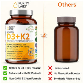 Purity Labs D3 K2 10000 UI 120 capsules sur une table