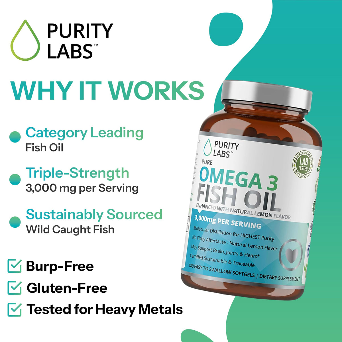 Purity Labs Huile de Poisson Omega 3 3000mg gélules, gélules individuelles