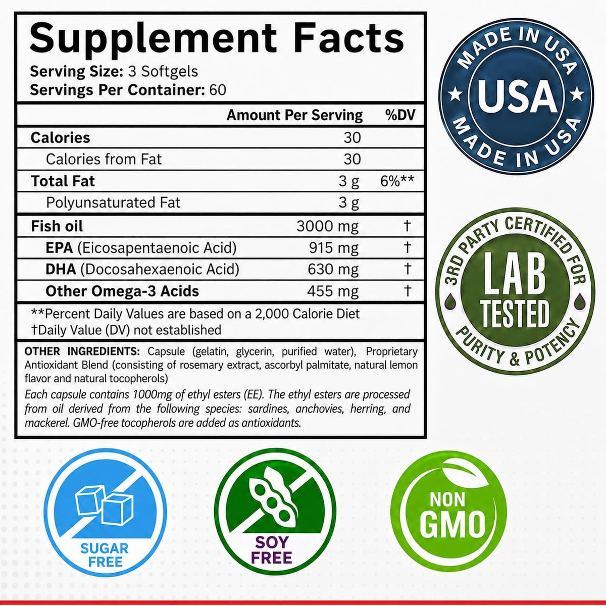 Purity Labs Huile de Poisson Omega 3 3000mg gélules, présentation de l'emballage
