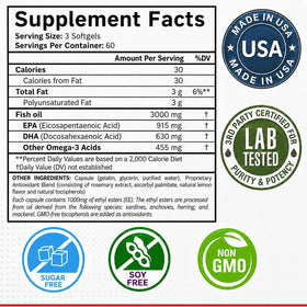 Purity Labs Huile de Poisson Omega 3 3000mg gélules, présentation de l'emballage
