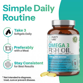Purity Labs Huile de Poisson Omega 3 3000mg gélules, prise quotidienne