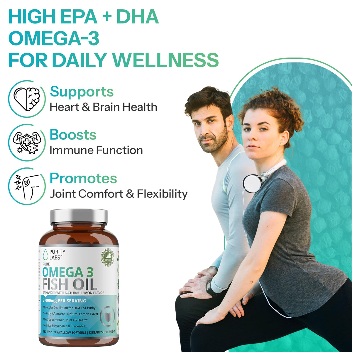 Purity Labs Huile de Poisson Omega 3 3000mg gélules, vue arrière